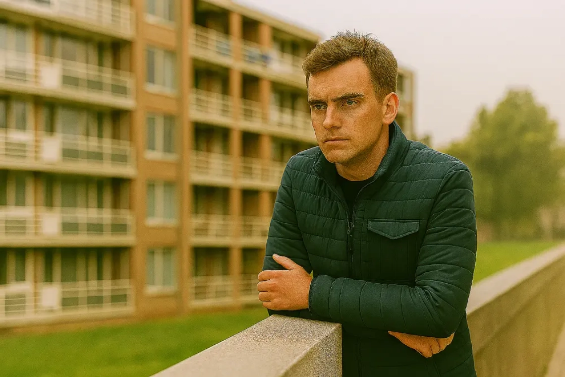 Een jonge man in een donkerblauwe jas leunt peinzend op een betonnen balkonrand, met op de achtergrond een rij sociale huurwoningen en een licht bewolkte lucht